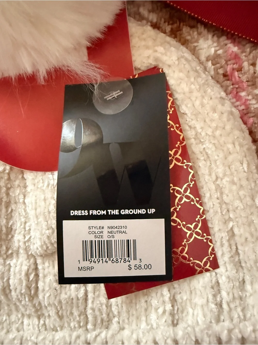 Nine West Cream Beanie with Pink Plaid Fringe Scarf Set